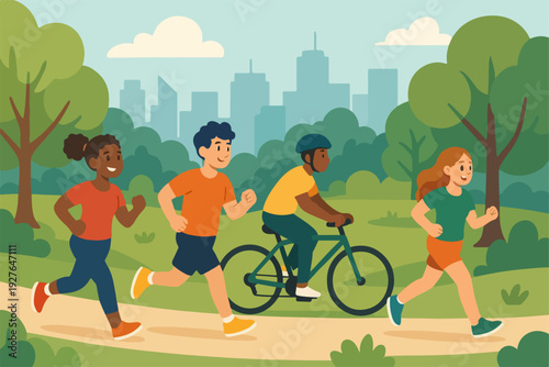 flat vector illustration of diverse people jogging and cycling in a city park