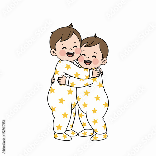 Two children hugging in star printed pajamas.