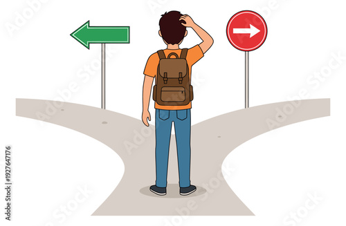 Hand drawn illustration of a man with a backpack depicting indecision at a fork in the road with direction signs for a life choice