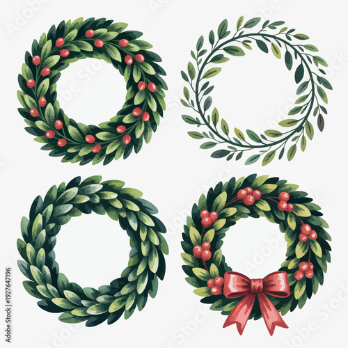 Four festive christmas wreaths with berries and leaves