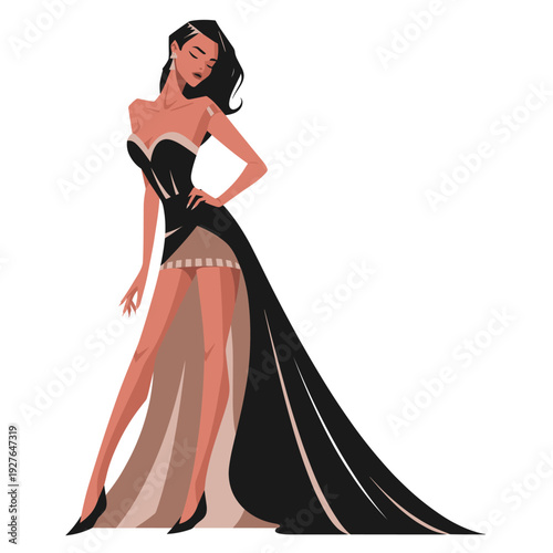Glamorous woman in black high slit evening gown, sexy fashion model dress illustration