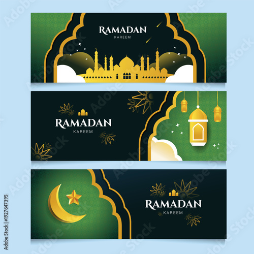 Ramadan kareem banner set featuring islamic architecture crescent moons and decorative lanterns