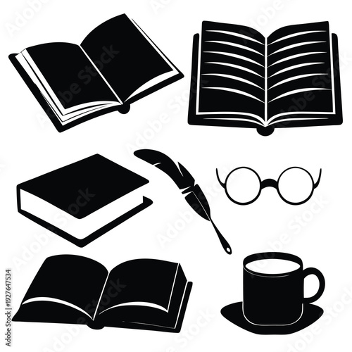 Black and white illustration of books, glasses, and a cup of coffee