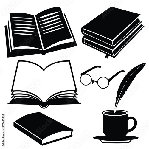 Black and white illustration of books, glasses, and a cup of coffee with a feather pen