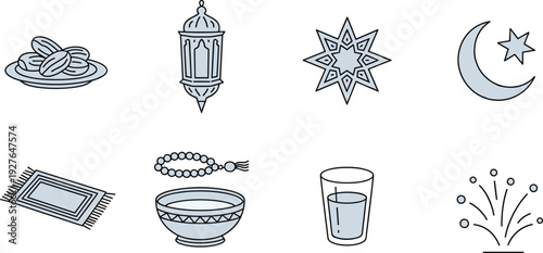 Ramadan and Iftar icons collection with dates lantern crescent moon star prayer beads bowl water fireworks flat vector illustrations isolated on white background
