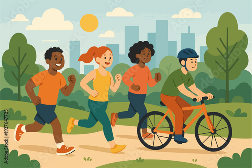 flat vector illustration of diverse people jogging and cycling in a city park