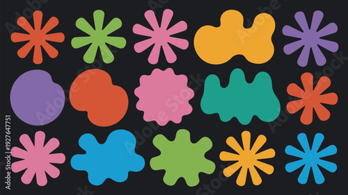 Colorful abstract organic shapes and retro flower patterns on black background