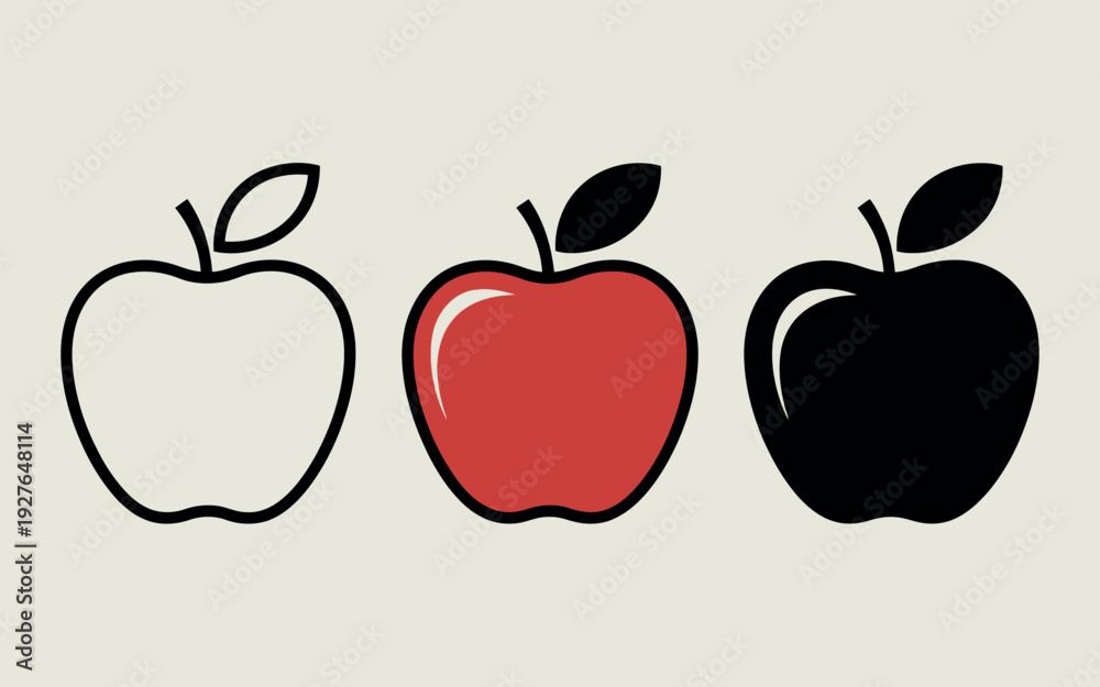 Fototapeta premium Three apples in different styles outline solid color and silhouette
