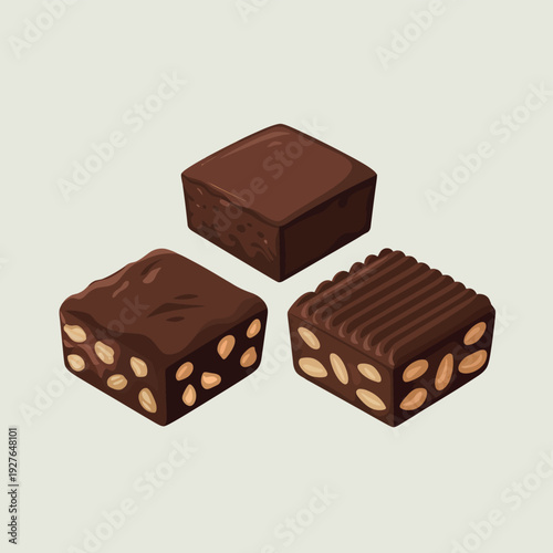 Three delicious square chocolates with nuts and textured tops