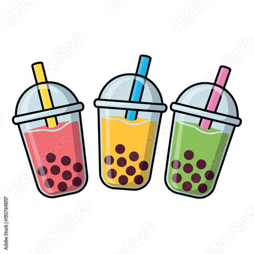 Three colorful bubble tea drinks with tapioca pearls and straws