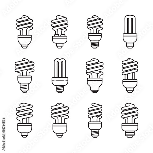 Assorted Compact Fluorescent Light Bulbs Icons Set Energy Saving Technology Clean Line Art
