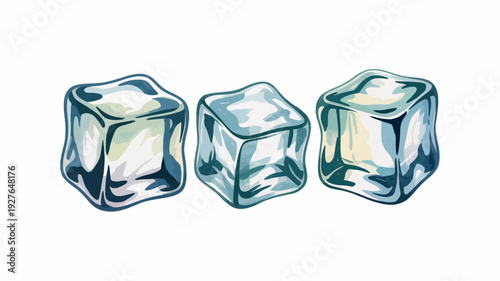 Three realistic watercolor illustrations of ice cubes on a white background