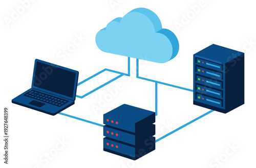 Isometric digital IT network set featuring a laptop, cloud, and server racks for cloud computing solutions