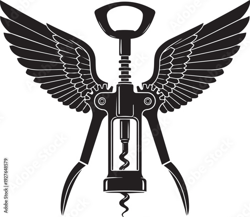A black and white image of a winged corkscrew isolated on transparent background, Vector