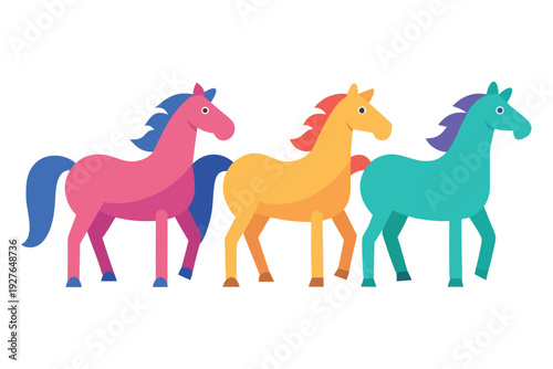 Three colorful cartoon horses standing side by side in vibrant shades on white background