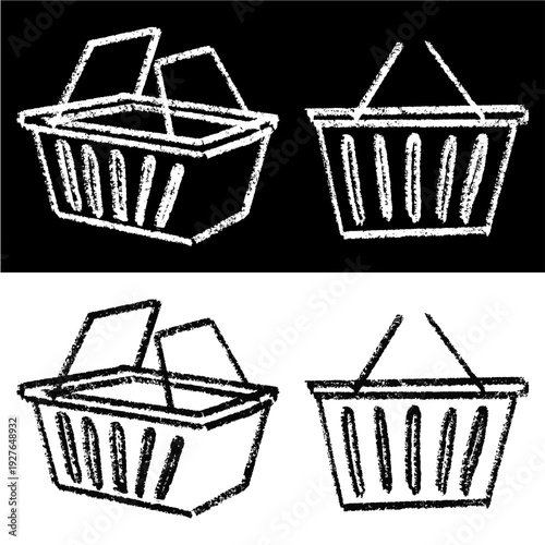 Set editable chalk drawing shopping basket vector for economic lessons. Ideal for symbolizing school retail studies, vintage commerce, and chalkboard grocery runs.