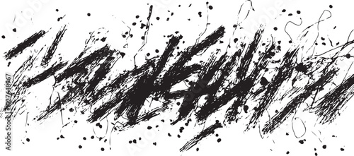 Black ink splatter and brush strokes on white background