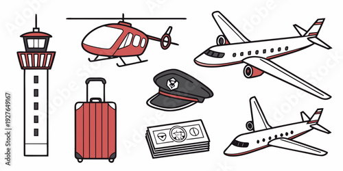 Illustrations of various travel and transportation items including a suitcase, airplane, and control tower. Vector