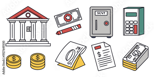 Diverse icons representing various aspects of personal finance and banking. Vector