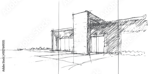 Hand drawn of a modern minimalist house exterior building