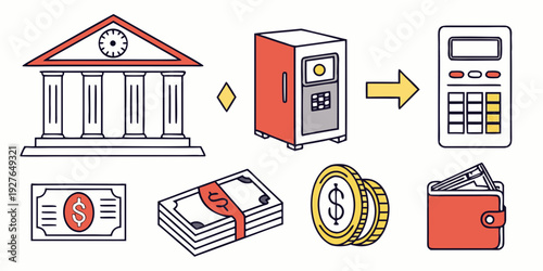 Illustration of a bank, a person using a smartphone, and a series of icons. Vector