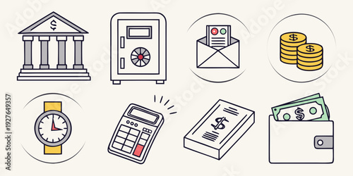 Diverse icons representing various aspects of finance and money management Vector