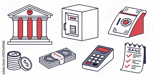 Various items including a building, a book, a clock, and electronic devices Vector