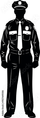 Black and White Silhouette Illustration of a Law Enforcement Officer in Full Uniform with Tie Badge and Peaked Service Cap
