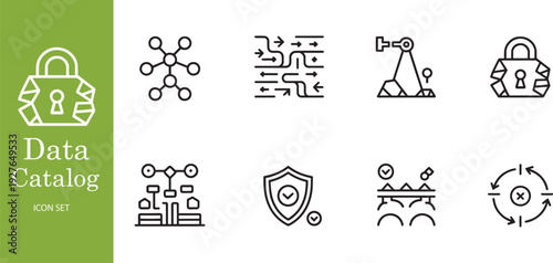 Data Catalog and Cyber Security Icon Set with Complex Logic Flow Encryption and System Verification Symbols