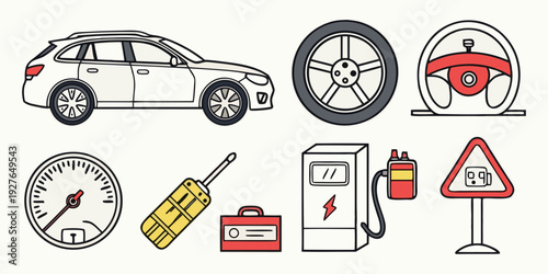 A collection of road safety symbols and icons representing various driving conditions and warnings. Vector