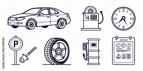 A collection of icons representing various aspects of car maintenance and driving. Vector
