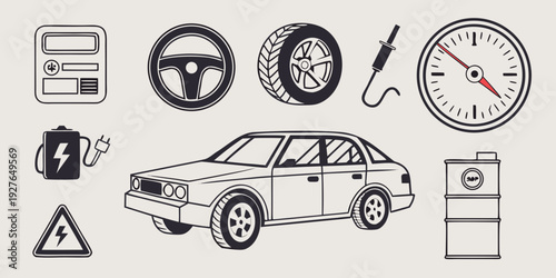 A collection of icons representing various aspects of road safety and driving regulations. Vector