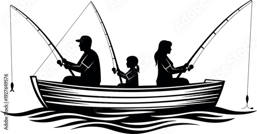 Black and white silhouette of a family fishing from a wooden boat on water featuring father mother and young daughter