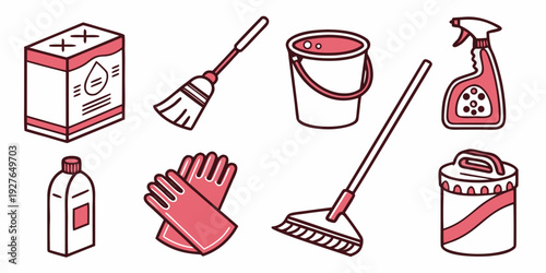 A variety of cleaning tools and supplies arranged neatly on a white background Vector
