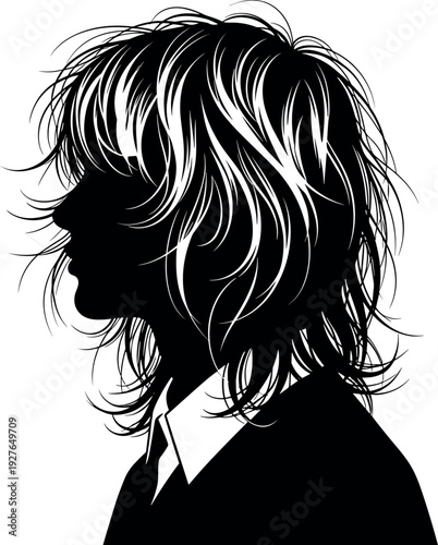 Black and white silhouette of a person with a messy layered wolf cut hairstyle wearing a collared shirt and tie.