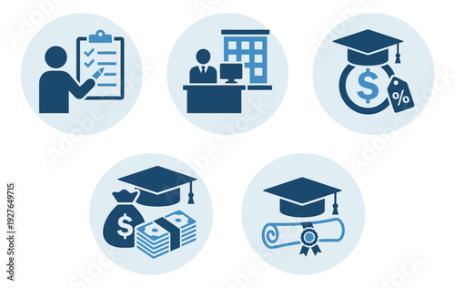 Flat icon education set featuring student finance, academic success, career planning, and graduation elements for educational and career development purposes