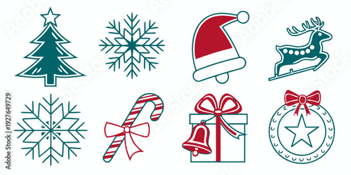 A delightful assortment of winter-themed icons featuring snowflakes, mittens, and santa hats. Vector