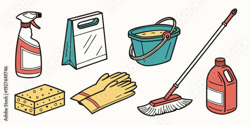 A variety of cleaning supplies neatly arranged on a white background. Vector