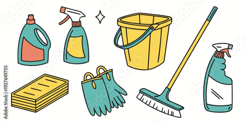 A variety of cleaning supplies arranged neatly on a white background Vector