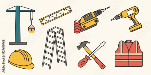 Assorted construction tools and equipment arranged neatly on a white background Vector