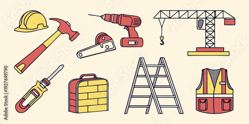 A collection of various tools and equipment used in construction and repair work Vector