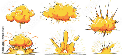 Six cartoon explosions with yellow orange clouds and debris