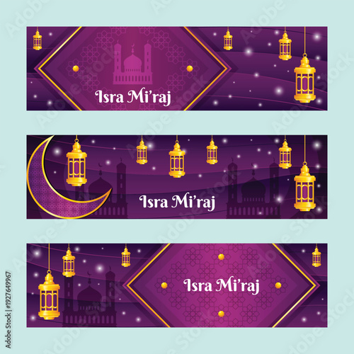Isra Miraj banners with islamic patterns lanterns and a crescent moon
