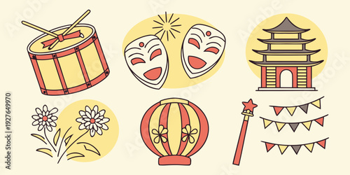 Assorted colorful illustrations of traditional chinese new year decorations and symbols Vector
