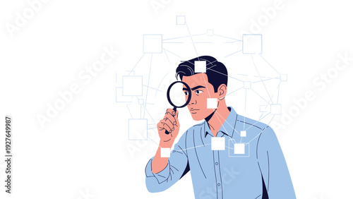 Serious man looks through a magnifying glass to investigate a complex network of digital data and information nodes on a plain background.