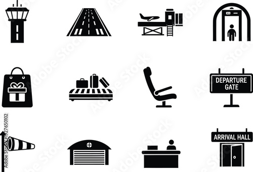Selection of black airport and flight icons including control tower runway and gate