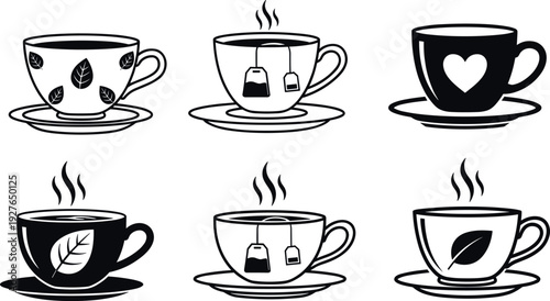 Black and White Tea Cup Icons Vector Set Featuring Herbal Leaf Designs Heart Symbol Tea Bags and Steaming Hot Beverages