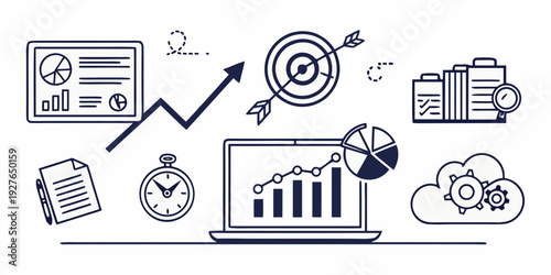 Illustration of various digital marketing and business analytics tools and concepts Vector