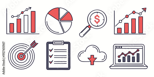 A collection of icons representing various aspects of business and finance. Vector