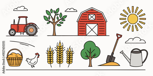 A vibrant farm scene featuring various agricultural tools and animals Vector